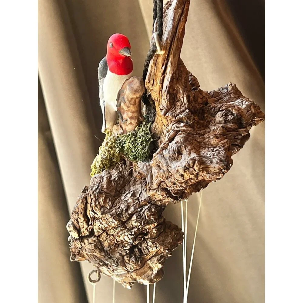 Handcrafted Loon Bird Sculpture Wind Chime With Ceramic Leaves & Natural Driftwo - Picture 7 of 16